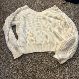 SHEIN White V-Neck Sweater with Waffle Knit Texture